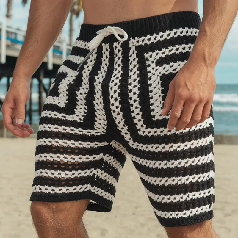 Men's Summer Fashion Hollow Breathable Black and White Knitted Shorts MTA2224D5P