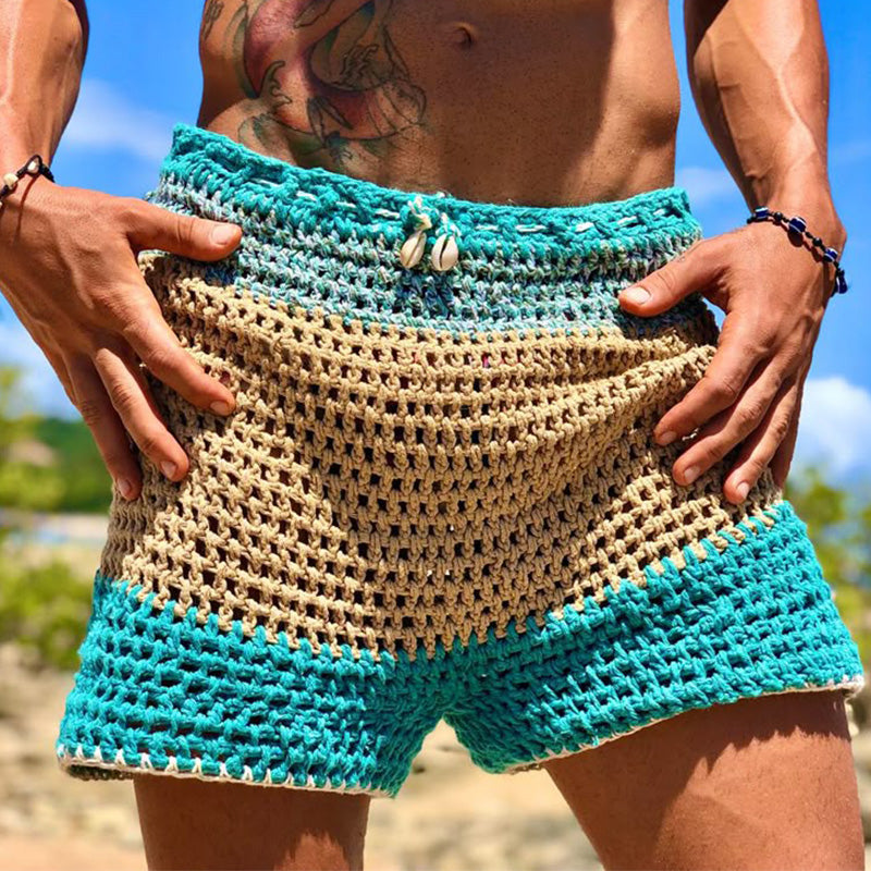 Men's Summer Hollow Breathable Contrast Color Knitted Shorts MTA2296D3P