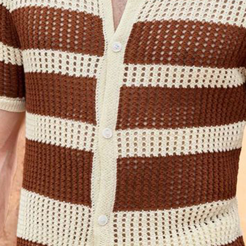 Men's Summer Striped Breathable Comfort Knitted Short Sleeve Shirt MTA2200D0P