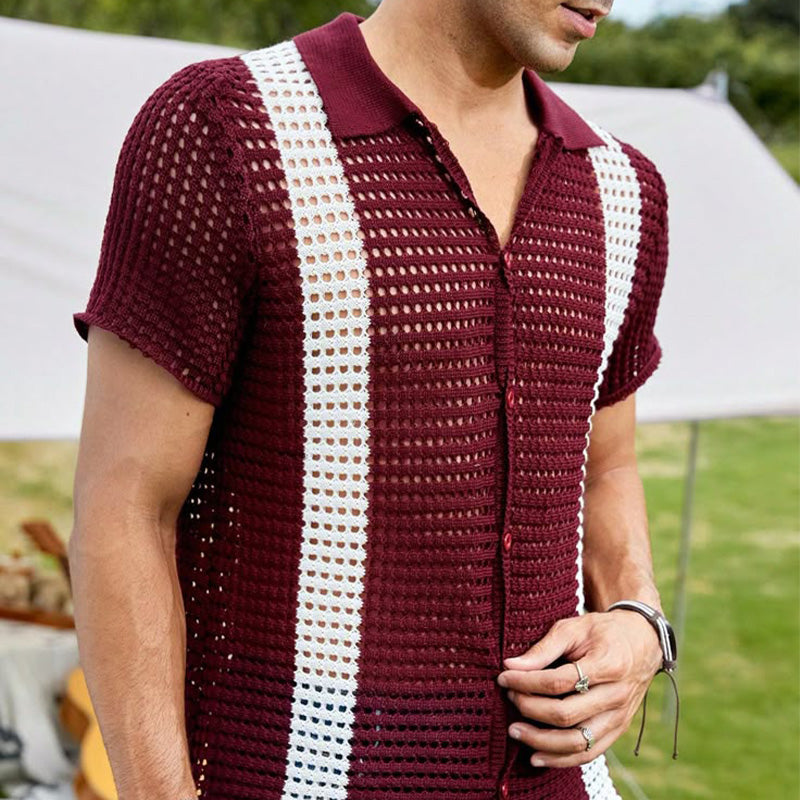 Men's Summer Vertical Striped Breathable And Comfortable Knitted Short-Sleeved Shirt MTA2272D4P