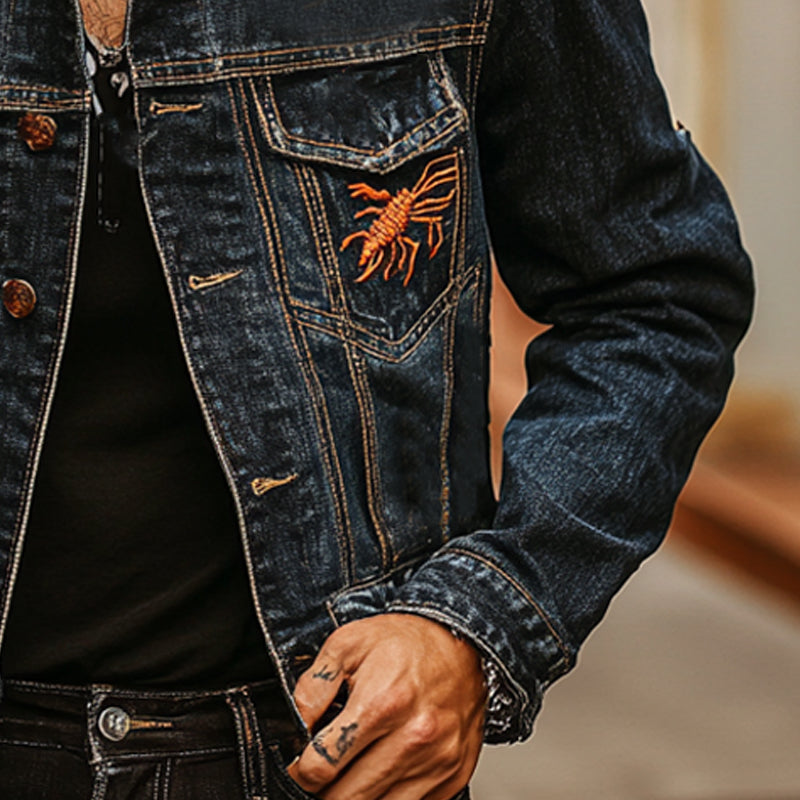 Men's Casual Vintage Embroidered Thin Denim Jacket MTA2280D0X