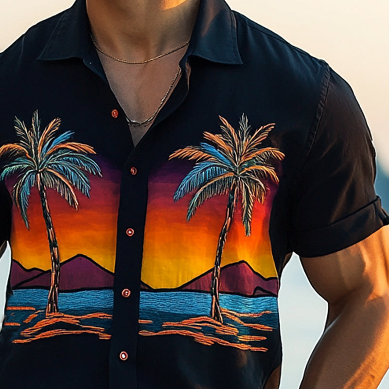 Men's Palm Seaside Print Short Sleeve Shirt MTA2289D4X