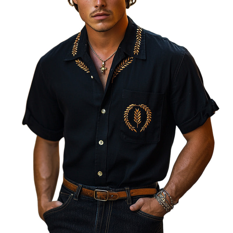Men's Embroidered Lapel Short Sleeve Shirt MTA2256D9X