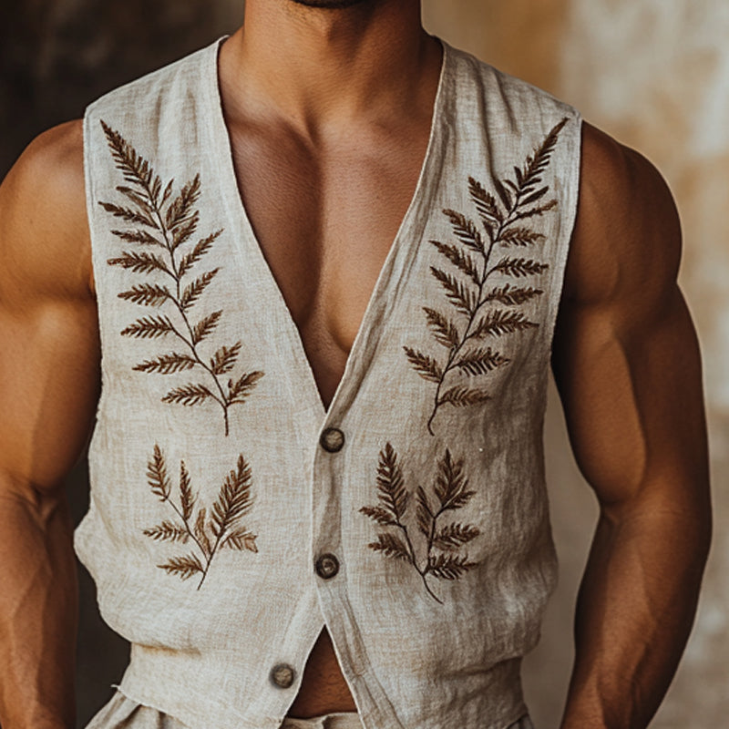 Men's Vintage Fern Embroidered V-Neck Vest MTA2238D5X