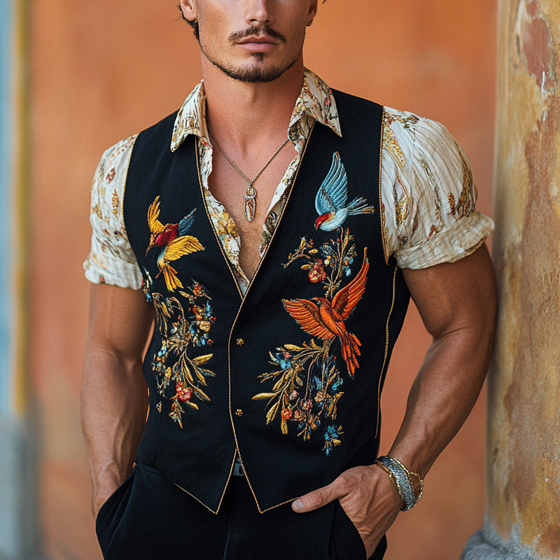 Men's Vintage Bird Embroidered V-Neck Vest MTA2298D5X