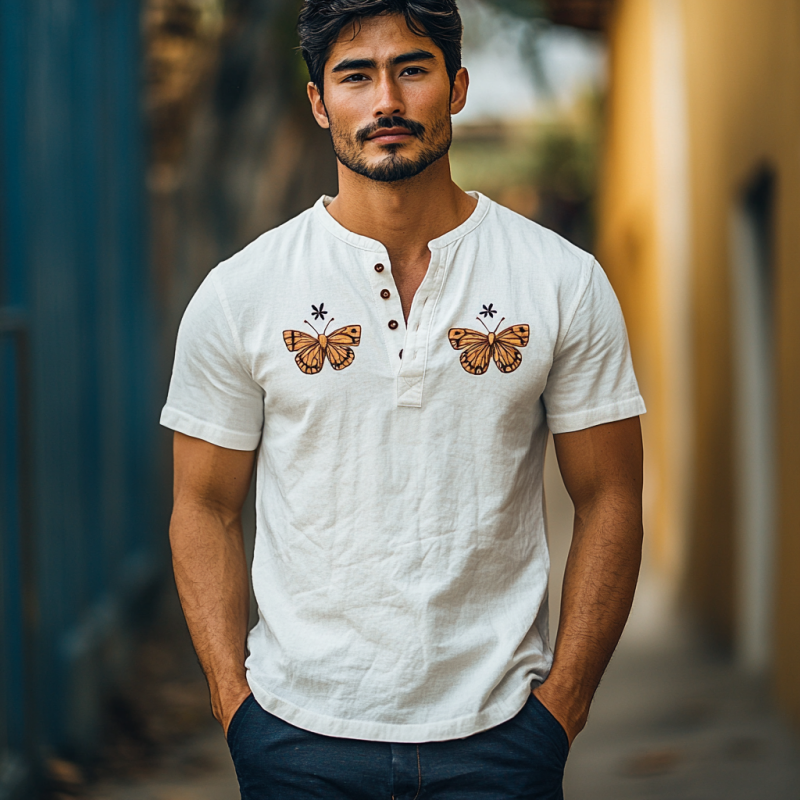 Men's Vintage Butterfly Embroidered Cotton Linen Henley Collar Slim Fit Short Sleeve Shirt MTA2286D4M