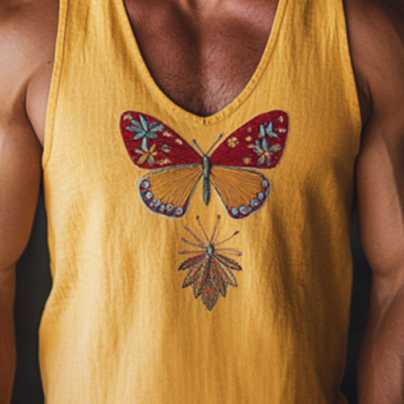 Men's Vintage Butterfly Embroidered Cotton Linen U-Neck Slim Fit Tank Top MTA2255D1M
