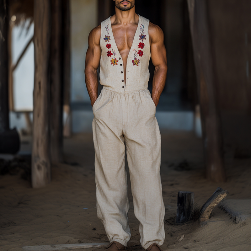 Men's Vintage Flower Embroidery Breathable Linen V-Neck Sleeveless Loose Jumpsuit MTA2272D2M
