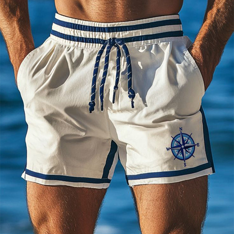 Men's Retro Casual Colorblock Compass Print Sports Drawstring Beach Shorts MTA2215D6TO