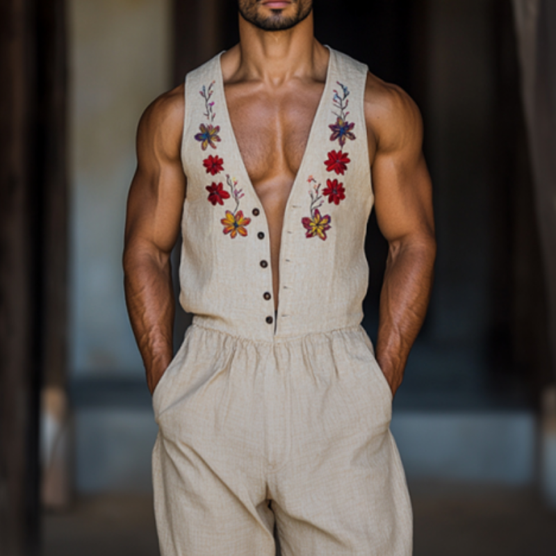 Men's Vintage Flower Embroidery Breathable Linen V-Neck Sleeveless Loose Jumpsuit MTA2272D2M