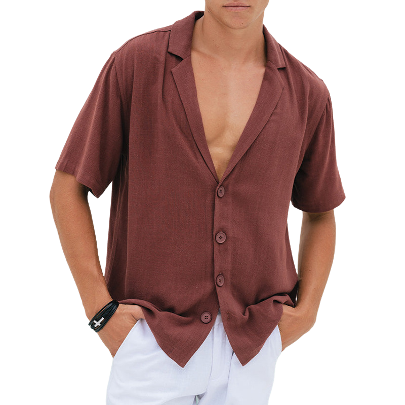 Men's Casual Breathable Cotton Linen Notched Lapel Loose Short Sleeve Shirt MTA2232D5M