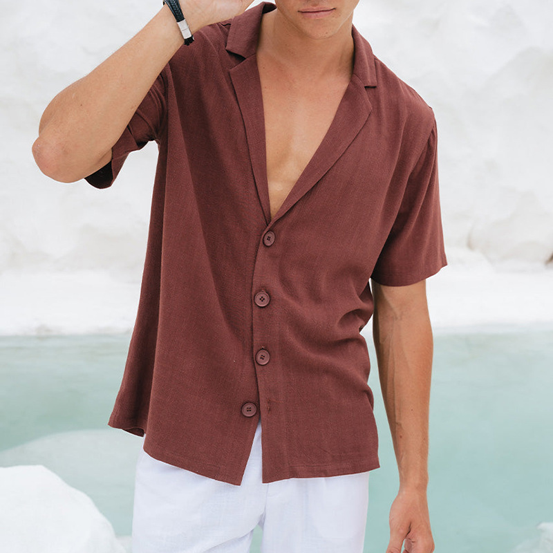 Men's Casual Breathable Cotton Linen Notched Lapel Loose Short Sleeve Shirt MTA2232D5M