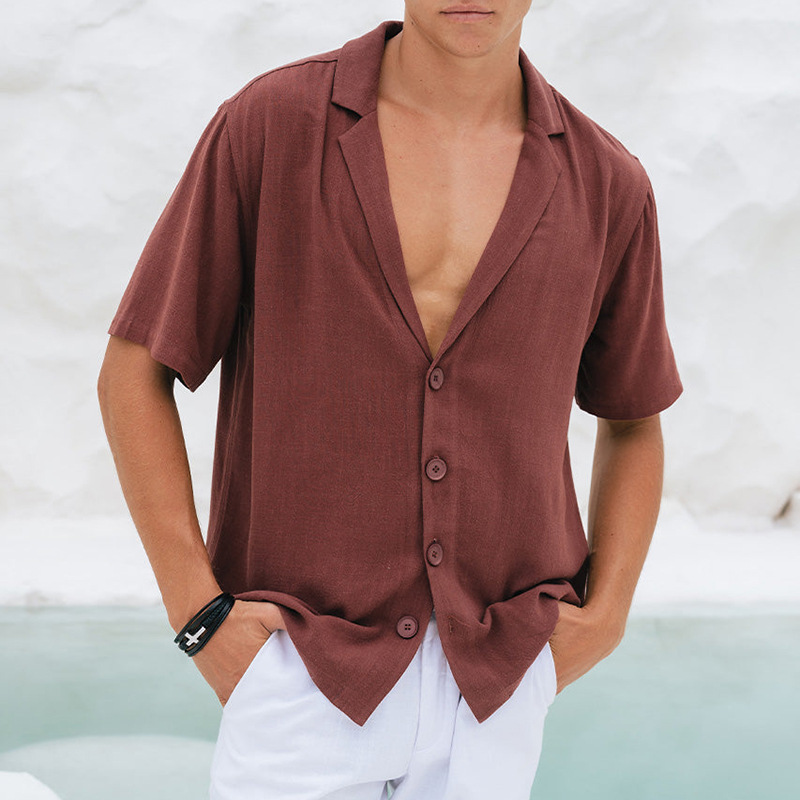 Men's Casual Breathable Cotton Linen Notched Lapel Loose Short Sleeve Shirt MTA2232D5M
