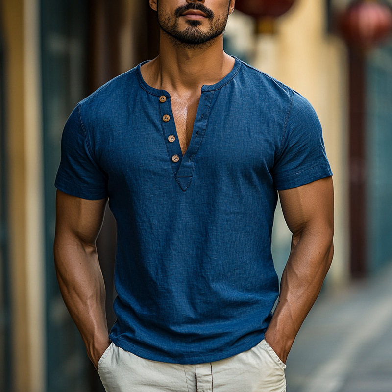 Men's Casual Breathable Cotton Linen Henley Collar Slim Fit Short Sleeve Shirt MTA2266D6M