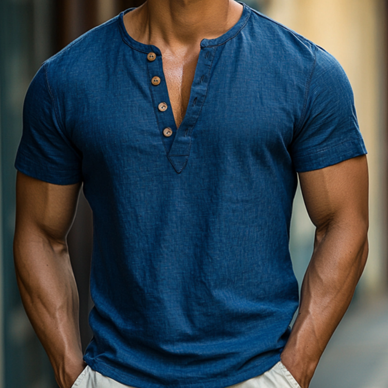 Men's Casual Breathable Cotton Linen Henley Collar Slim Fit Short Sleeve Shirt MTA2266D6M