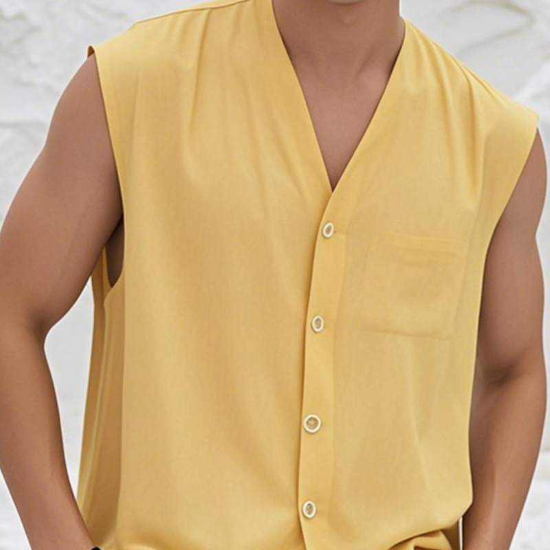 Men's Casual Cotton V Neck Single Breasted Patch Pocket Loose Sleeveless Shirt MTA2244D9M