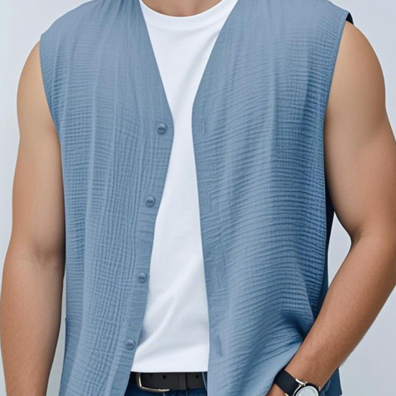 Men's Casual Cotton Blended Pleated V-Neck Single-Breasted Loose Sleeveless Shirt MTA2233D0M