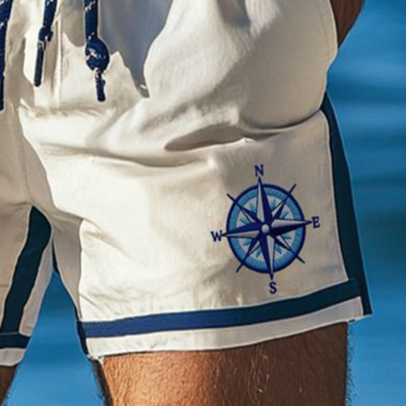 Men's Retro Casual Colorblock Compass Print Sports Drawstring Beach Shorts MTA2215D6TO