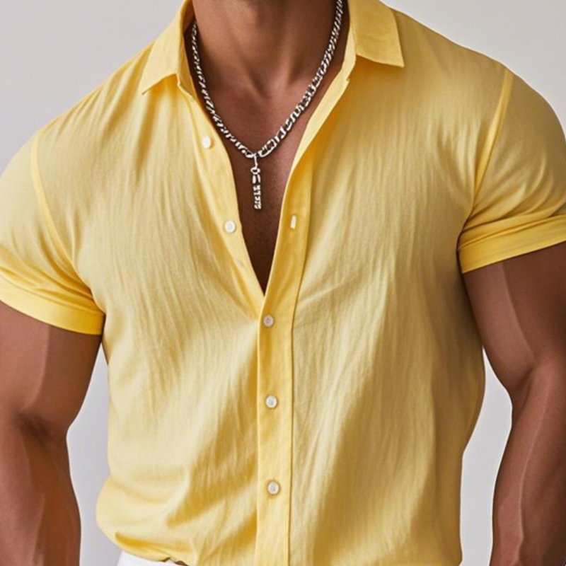 Men's Casual Cotton Linen Lapel Single Breasted Loose Short Sleeve Shirt MTA2240D5M
