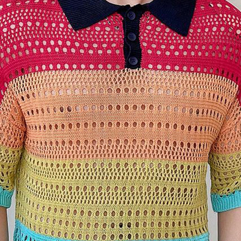 Men's Summer Hollow Breathable Striped Knitted Short-Sleeved Shirt MTA2304D2P