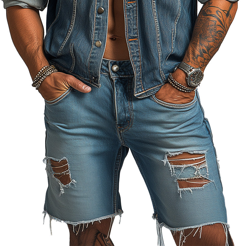 Sommermote for menn med børstet riflet denimshorts MTA2384D6P