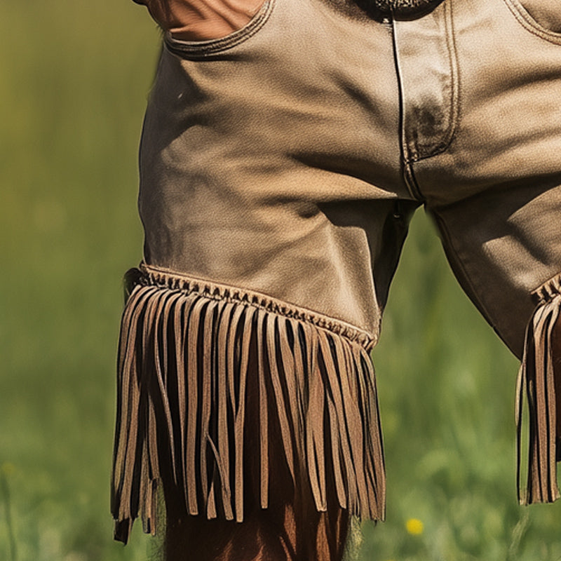 Men's Summer Western Cowboy Style Denim Tassel Shorts MTA2304D7U