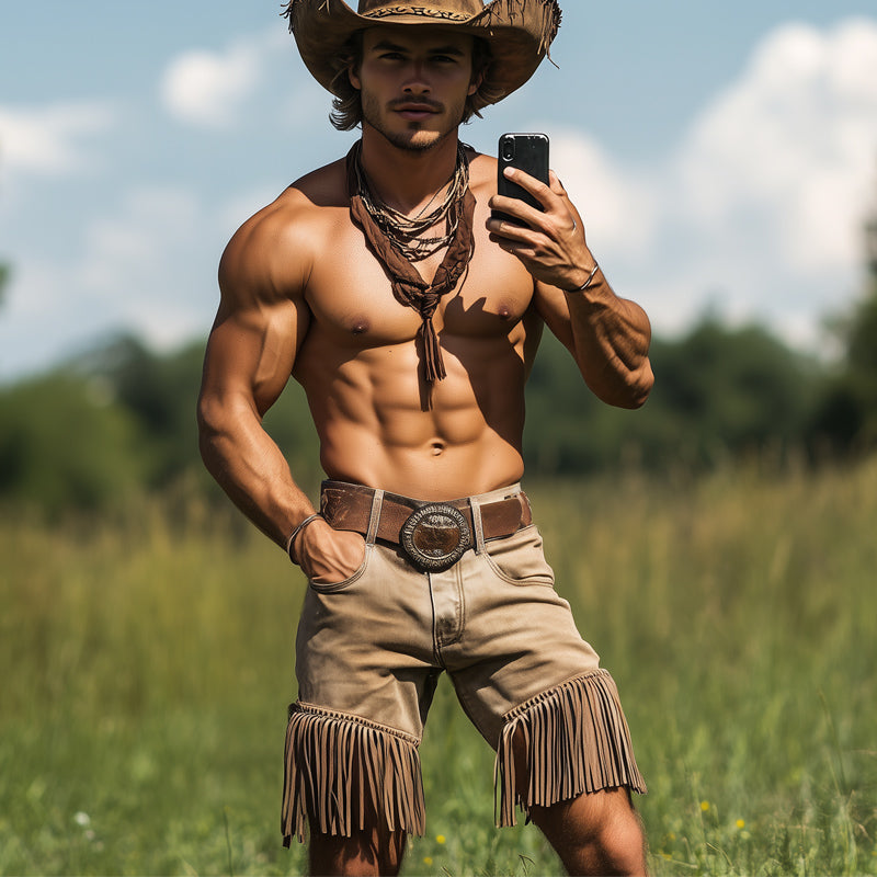 Men's Summer Western Cowboy Style Denim Tassel Shorts MTA2304D7U