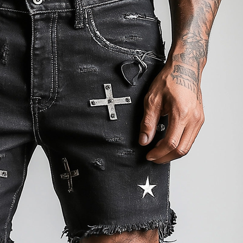 Men's Summer Retro Printed Raw Edge Casual Denim Shorts MTA2329D2P