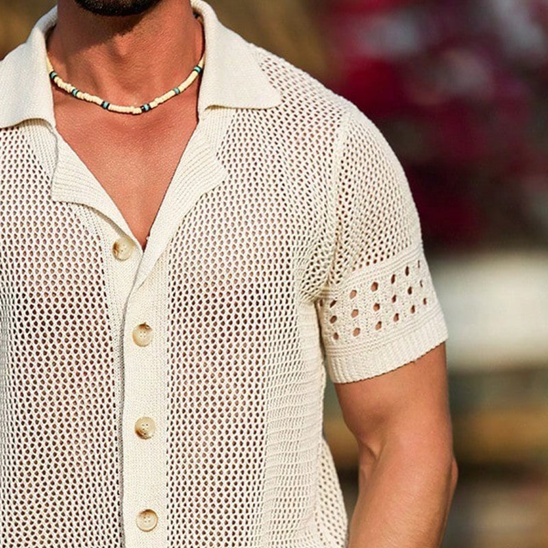 Men's Vacation Textured Lapel Short Sleeve Knit Shirt MTA2300D1X