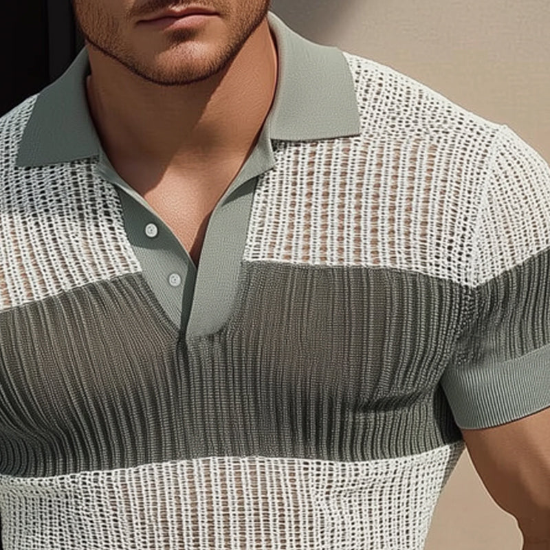 Men's Summer Business Colorblock Knitted Mesh Polo Neck T-Shirt MTA2332D8U