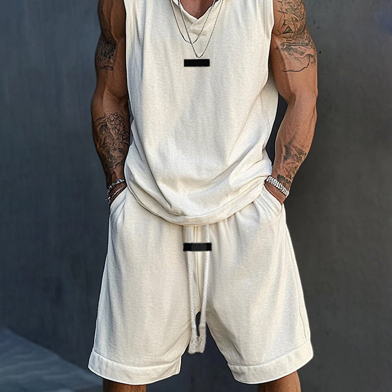 Men's Solid Color Casual Sleeveless Shorts Sports Hooded Two Piece Set MTA2172D2X