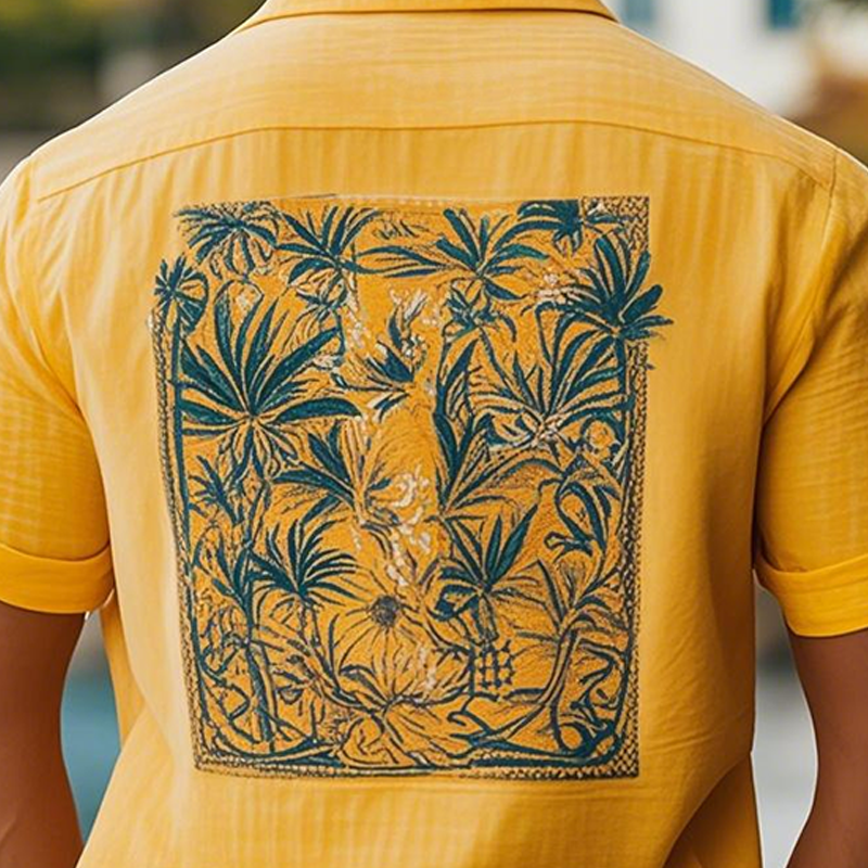 Men's Summer Fashion Casual Hawaiian Style Cotton and Linen Personality Back Print Short-sleeved Shirt MTA2325D0K