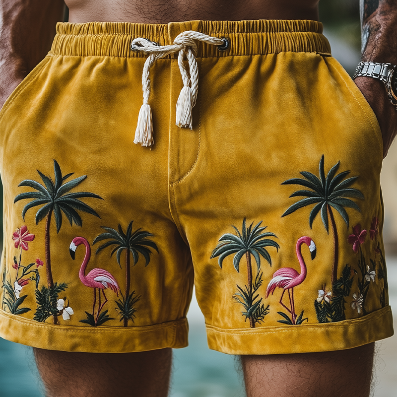 Men's Summer Fashion Hawaiian Style Thin Suede Embroidered Elastic Waist Beach Shorts MTA2362D2K