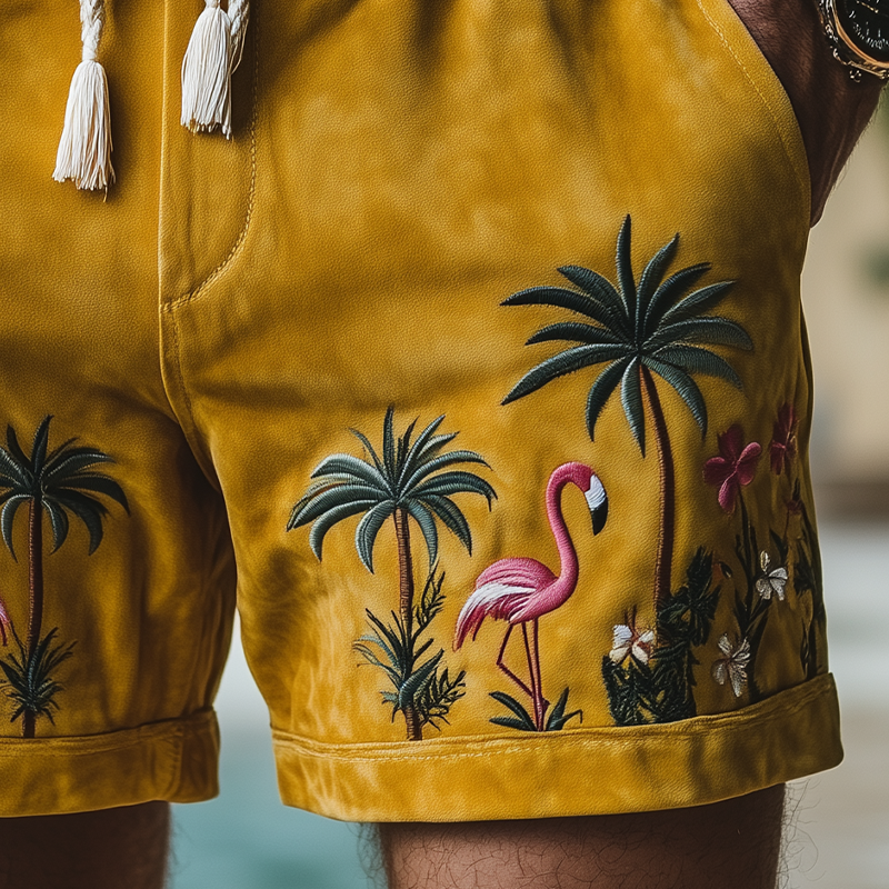 Men's Summer Fashion Hawaiian Style Thin Suede Embroidered Elastic Waist Beach Shorts MTA2362D2K