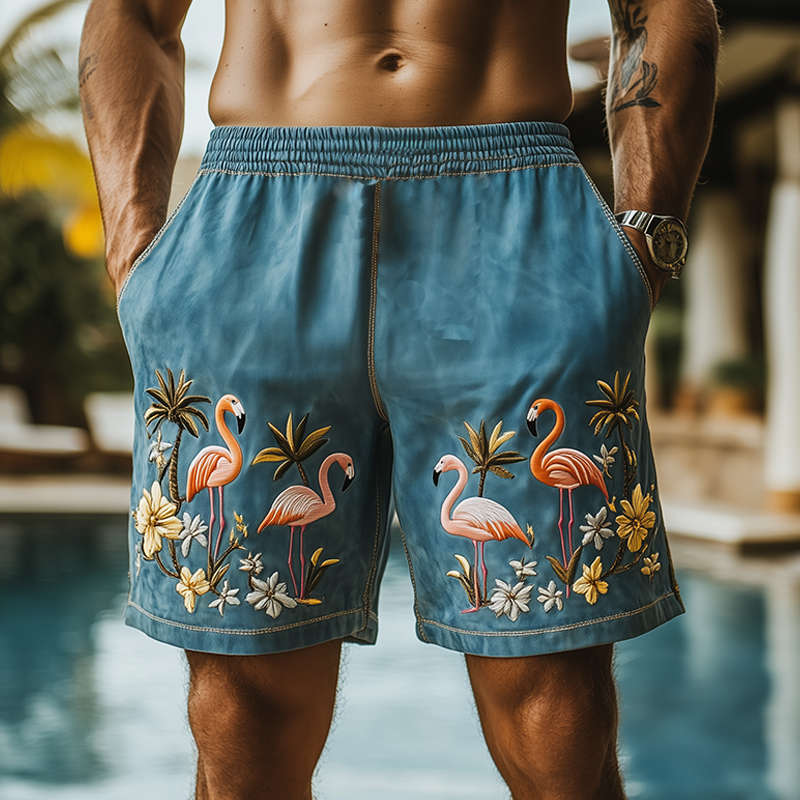 Sommermote for menn Uformell Hawaii-stil Tynn semsket brodert shorts med elastisk midje MTA2350D3K