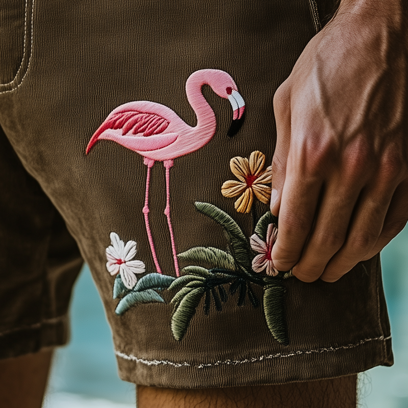 Men's Summer Fashion Casual Hawaiian Style Thin Suede Embroidered Shorts MTA2382D1K