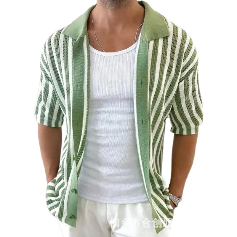 Men's Summer Casual Striped Knitted Short Sleeve Shirt MTA2334D8X