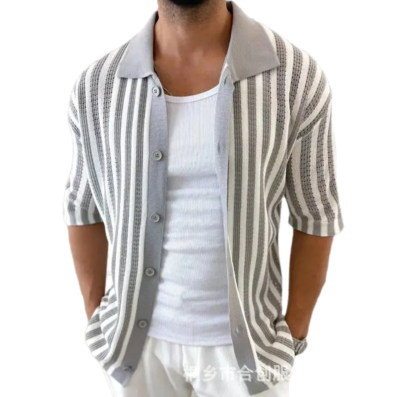 Men's Summer Casual Striped Knitted Short Sleeve Shirt MTA2334D8X