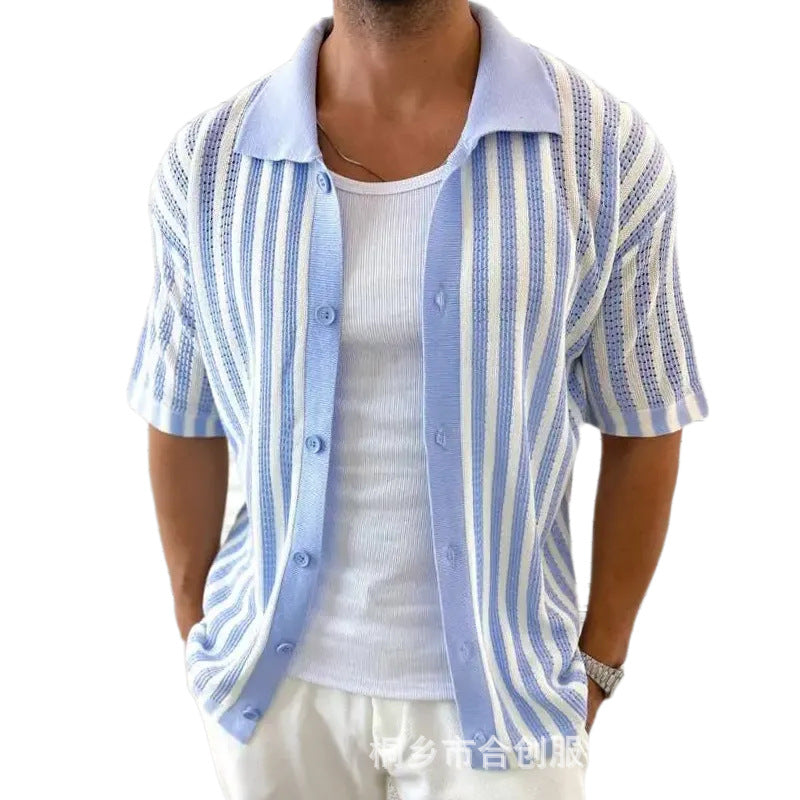 Men's Summer Casual Striped Knitted Short Sleeve Shirt MTA2334D8X