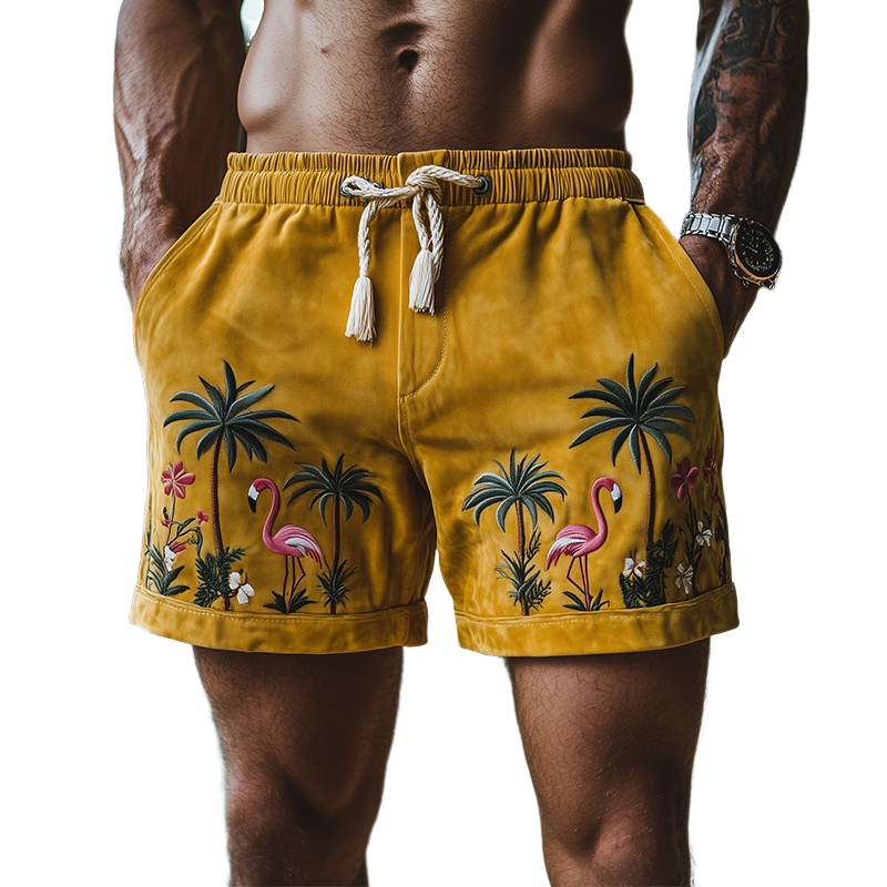 Men's Summer Fashion Hawaiian Style Thin Suede Embroidered Elastic Waist Beach Shorts MTA2362D2K