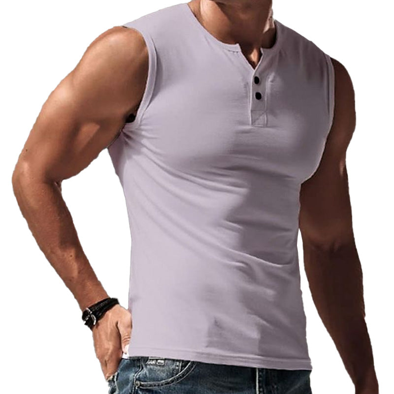 Men's Summer Cotton and Linen Blend Henley Collar Tank Top MTA2306D0P