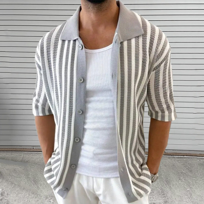 Men's Summer Casual Striped Knitted Short Sleeve Shirt MTA2334D8X