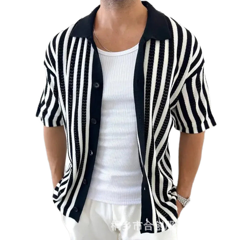 Men's Summer Casual Striped Knitted Short Sleeve Shirt MTA2334D8X