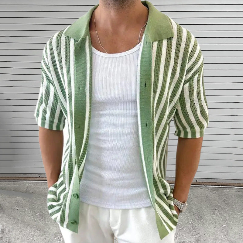 Men's Summer Casual Striped Knitted Short Sleeve Shirt MTA2334D8X