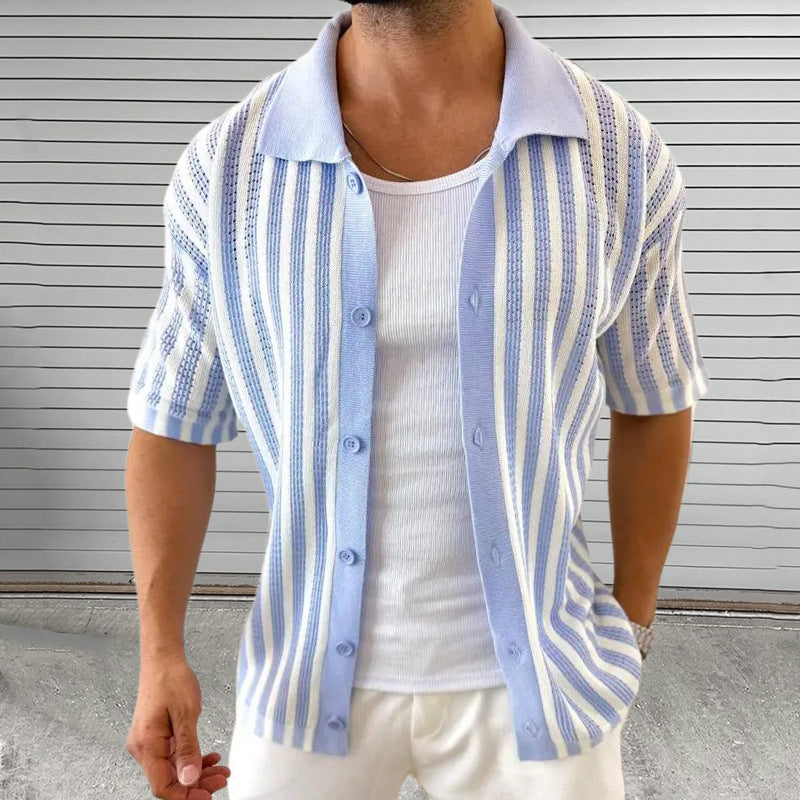 Men's Summer Casual Striped Knitted Short Sleeve Shirt MTA2334D8X
