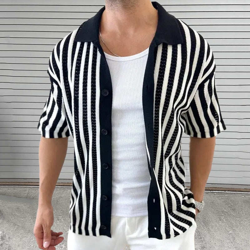 Men's Summer Casual Striped Knitted Short Sleeve Shirt MTA2334D8X