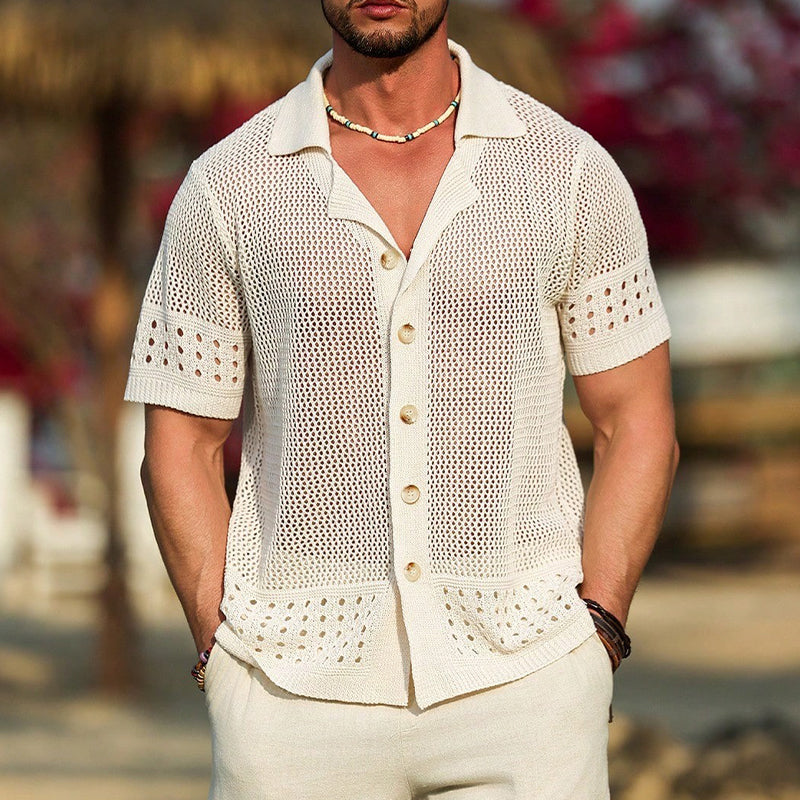 Men's Vacation Textured Lapel Short Sleeve Knit Shirt MTA2300D1X