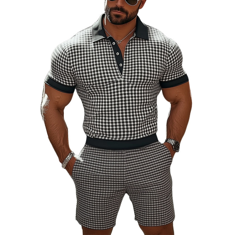 Men's Summer Classic Business Printed POLO Shirt Shorts Set MTA2452D5U