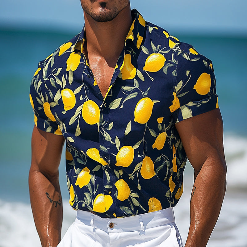 Men's Retro Casual Hawaiian Lemon Print Beach Lapel Short Sleeve Shirt MTA2491D8TO