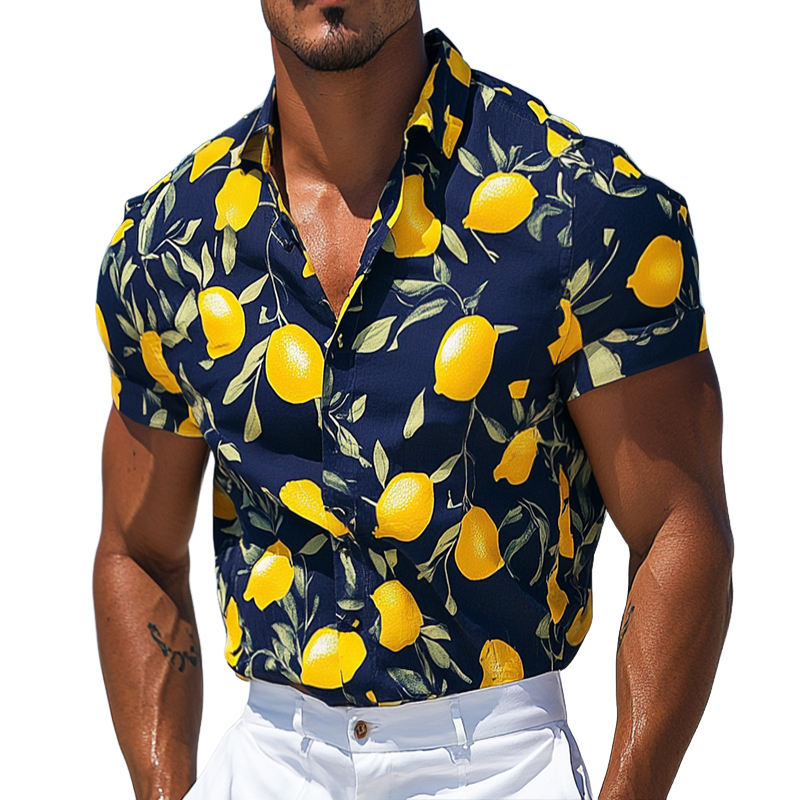 Men's Retro Casual Hawaiian Lemon Print Beach Lapel Short Sleeve Shirt MTA2491D8TO